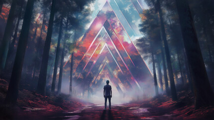 Obraz premium A lone figure stands in a misty forest, facing colorful geometric shapes illuminated by the vibrant sky at dusk