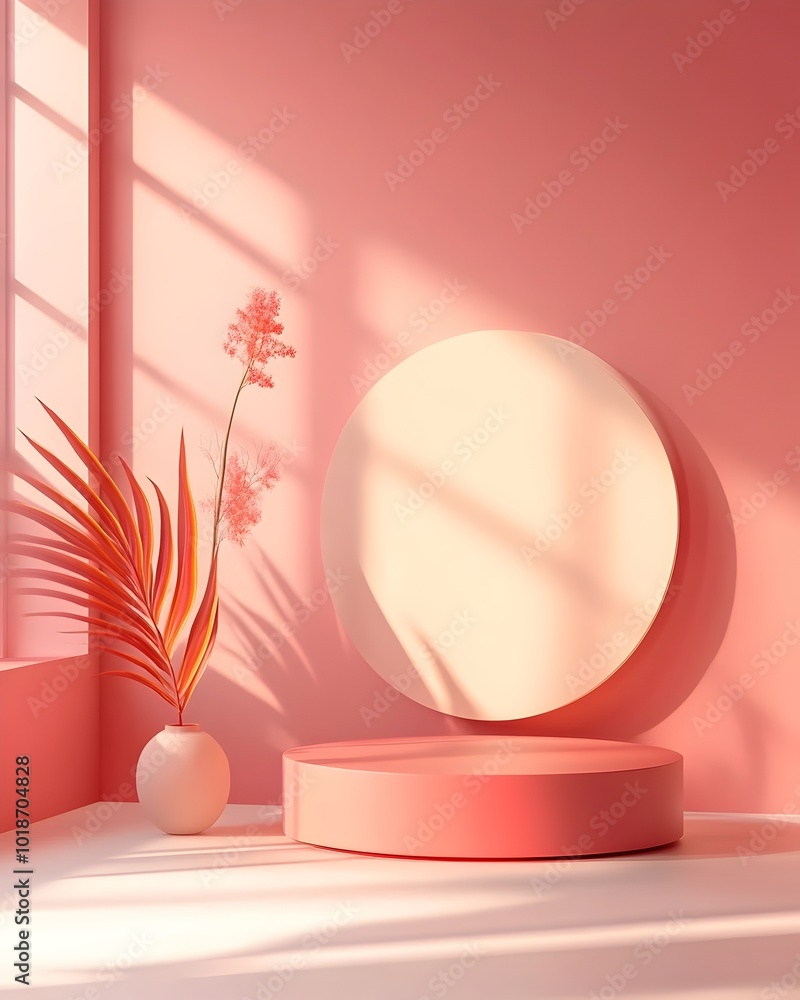 Poster serene 3d studio setting showcasing a clean open space with lush plum tones and a focal product podi