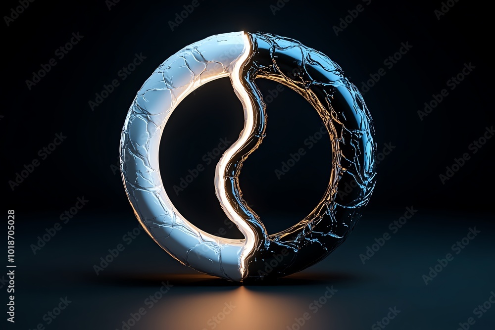 Poster minimalist icon of a split circle, half light and half dark, representing the concept of dualism in 