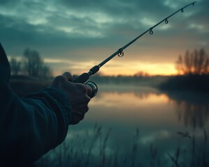 A fisherman catches fish at dawn. Fishing hobby vacation concept. Hands of a man in a Urp plan hold a fishing rod