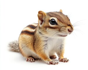 Obraz premium Chipmunk Isolated on White Background. A Curious Striped Rodent in Nature