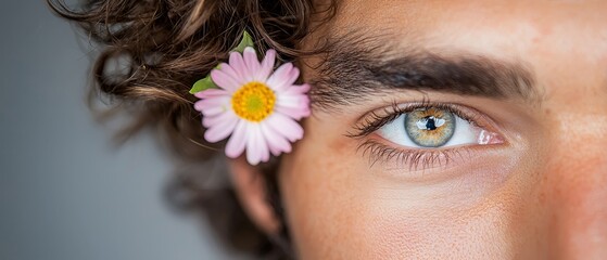  A tight shot of an eye adorned with a flower, placed beside it