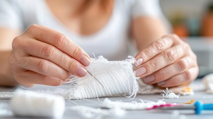 Hands Sewing Thread on Fabric Surface