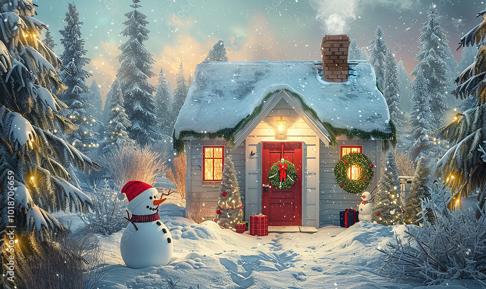 Poster a snowman stands in front of a house with a red door and a wreath on it. the scene is set in a snowy
