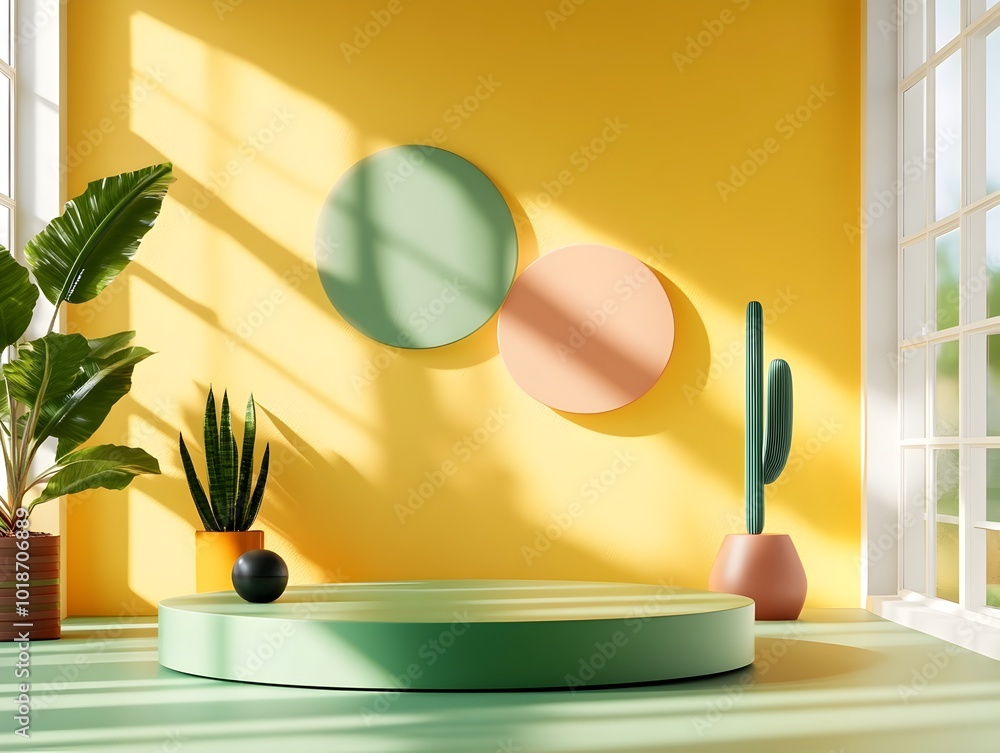 Poster vibrant 3d studio space with a sleek product display podium dramatic window lighting casting shadows