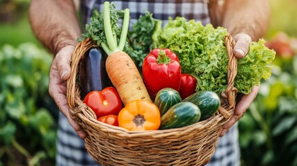 Fototapeta premium Farmer Holding a Basket of Freshly Harvested Vegetables