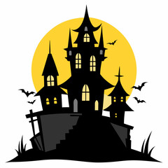 A haunted house with crooked towers and a full moon silhouette vector illustration