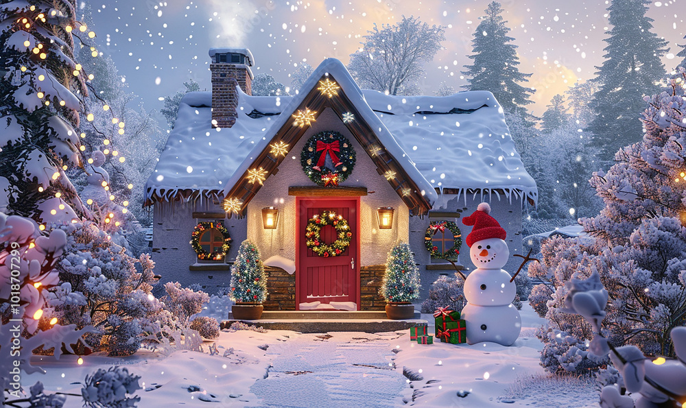 Poster a snowman stands in front of a house with a red door and a wreath on it. the scene is set in a snowy