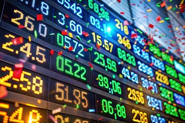Colorful display celebrating stock market success with data and confetti
