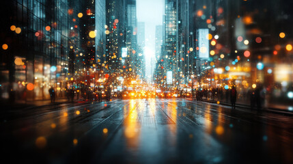 Obraz premium bustling city street at night, illuminated by vibrant neon lights and reflections on wet pavement, creates lively and energetic atmosphere