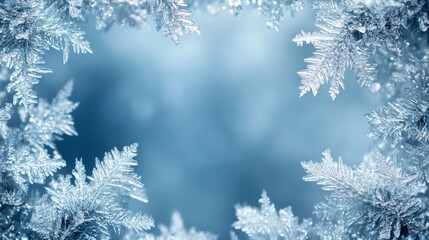 Intricate Ice Crystals Forming a Frame Against a Blue Background