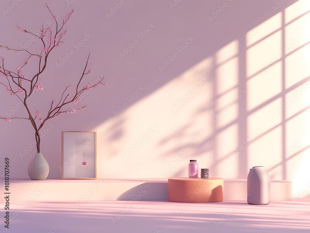 Poster a serene and tranquil 3d studio space featuring a prominent product display podium soft shadows cast