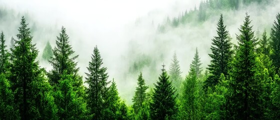  A forest teeming with many green trees enshrouded in fog