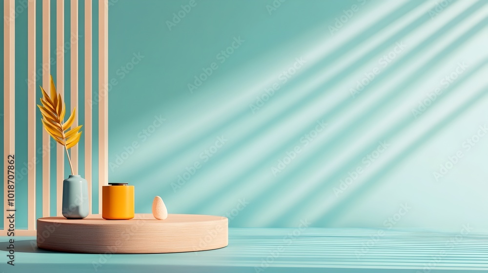 Poster sleek and modern 3d studio space featuring a serene teal backdrop a bare floor and a central product