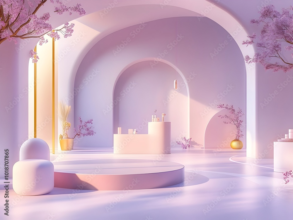 Poster Serene 3D studio space featuring a tranquil purple hue an uncluttered floor and walls a prominent product display podium a soft shadow cast from a window illuminating the countertop and a clean