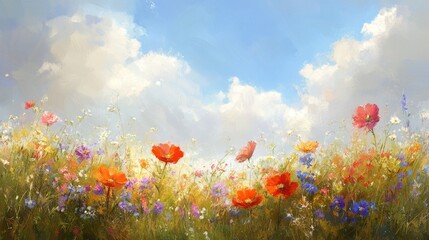 Obraz premium A Vibrant Wildflower Meadow Under a Cloudy Sky