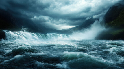 dynamic waterfall plunging into turbulent river, surrounded by dramatic mountains and dark stormy skies, creates powerful and awe inspiring scene