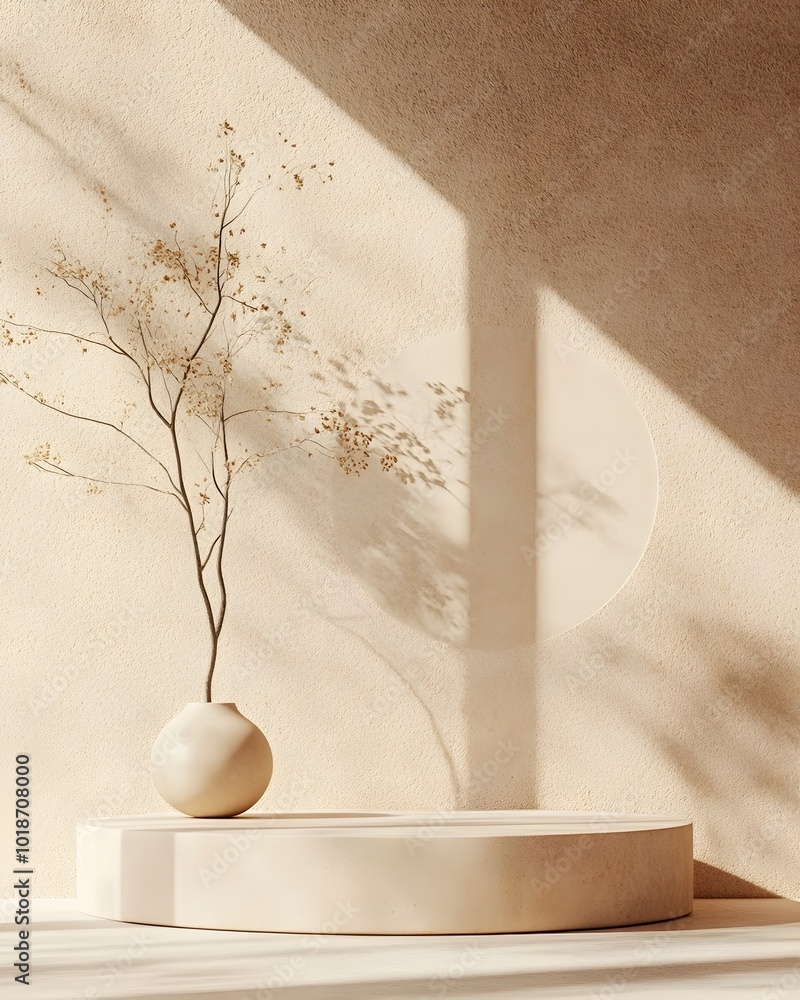 Poster spacious and minimalist 3d studio setting with a neutral beige color scheme bare floor and walls a c