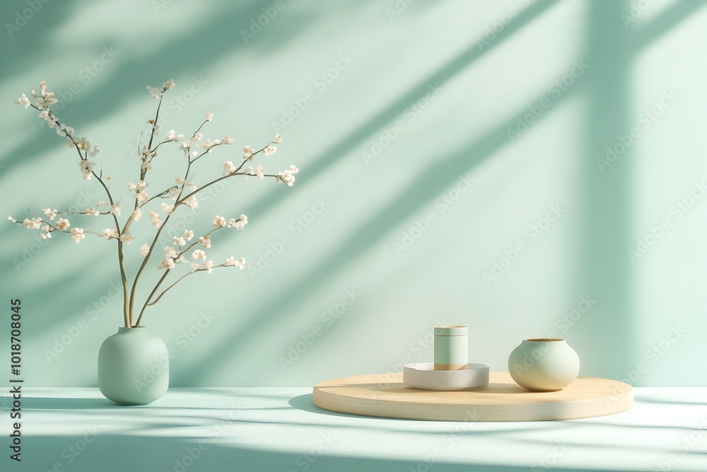 Poster tranquil 3d studio setting featuring a subdued teal color scheme uncluttered floor and a prominent p