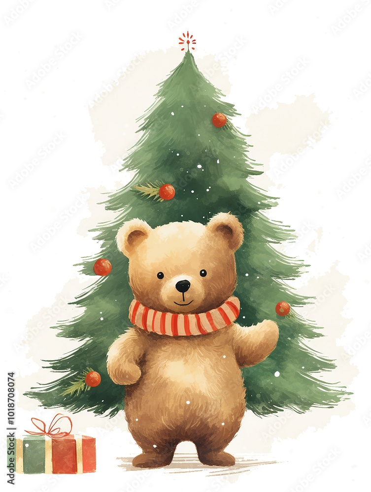Poster a bear is standing in front of a tree. the bear is smiling and he is happy