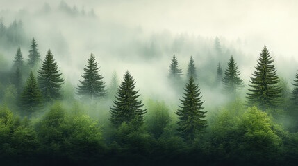 Fototapeta premium foggy forest scene with tall pine trees surrounded by mist creates serene and tranquil atmosphere. lush greenery adds depth and beauty to this natural landscape