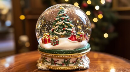 Christmas snow globe festive winter scene. New Year and Christmas background