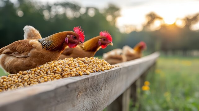 Chickens pecking at insect-based feed on a free-range farm, promoting natural and protein-rich feeding alternatives, insect feed, chicken nutrition