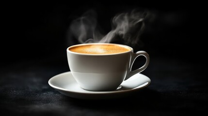 Obraz premium A steaming cup of coffee on a white saucer against a black background.
