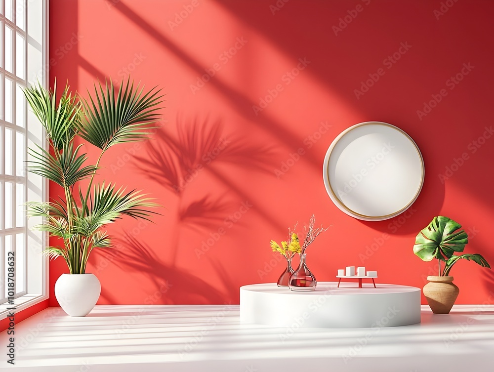 Poster sleek 3d studio setting with crimson red backdrop empty white interior central product display podiu