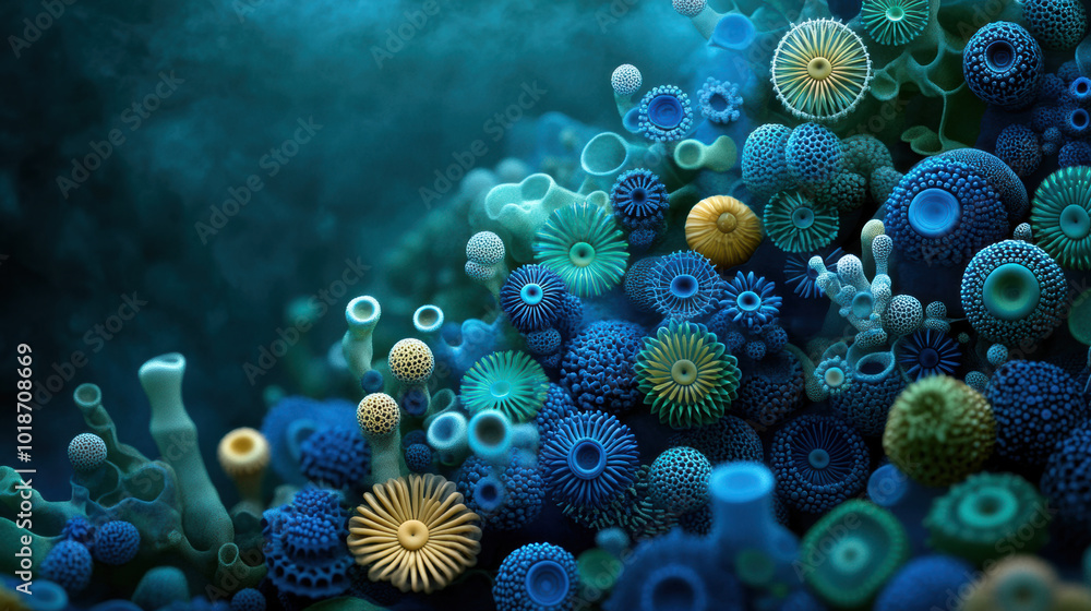 Poster vibrant microscopic biological structure showcasing various shapes and colors, creating mesmerizing 