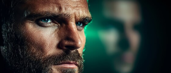 Fototapeta premium A man's face, sharply focused, overlays a backdrop of another man's face subtly blurred