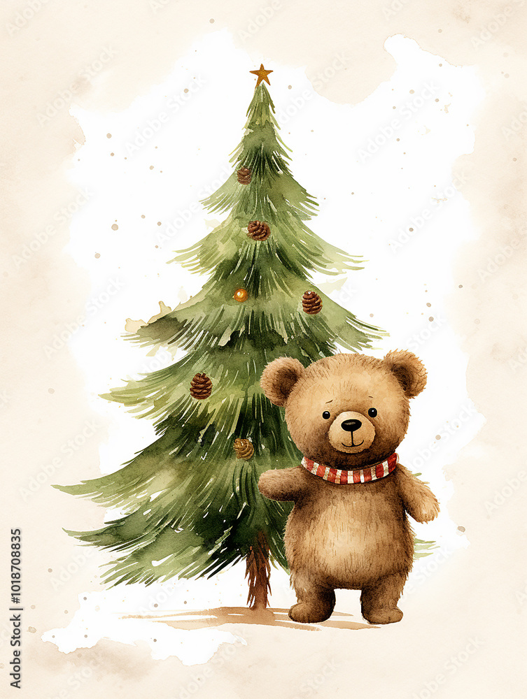 Poster a bear is standing in front of a tree. the bear is smiling and he is happy