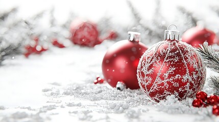 Holiday ornaments and faux snow on a snowy backdrop