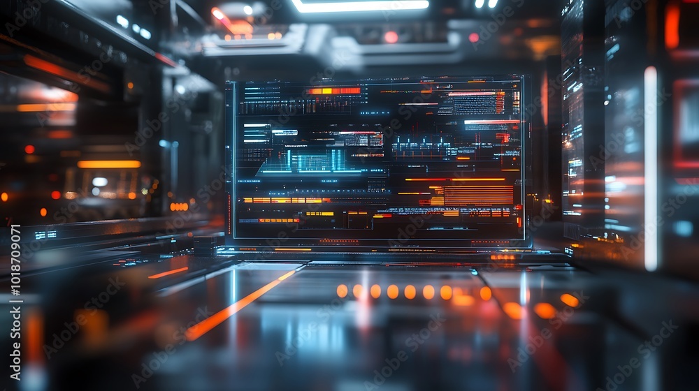 Poster interactive digital interface featuring vibrant neon data visualization elements