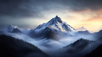 Majestic mountain range at twilight, shrouded in mist with deep purple hues. peaks rise dramatically against serene sky, creating breathtaking landscape