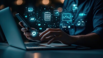 A businessman is using his laptop to set up marketing infographics and graphs on social media, while holding a phone in one hand Generative AI