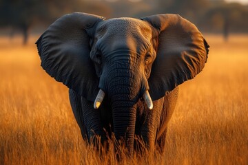 Naklejka premium majestic african elephant with intricate textures wrinkles and expressive eyes closeup portrait showcasing the gentle giants wisdom and strength against a blurred savanna backdrop
