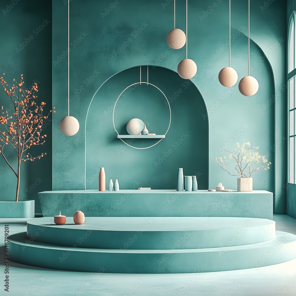 Poster minimalist and contemporary 3d studio space with vibrant teal backdrop raised platform for product s