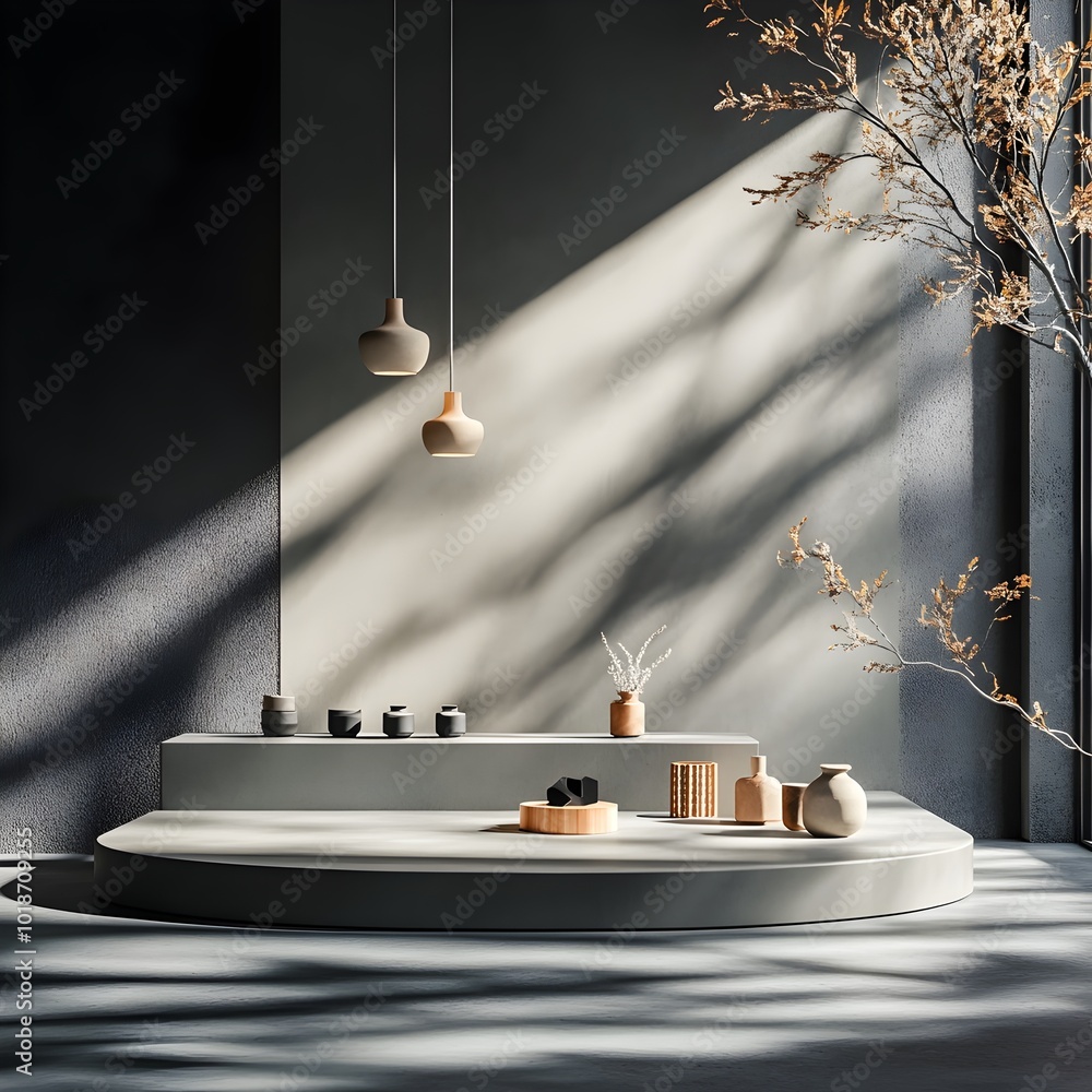 Poster sleek and modern 3d studio environment with a deep charcoal backdrop featuring a minimalist empty sp