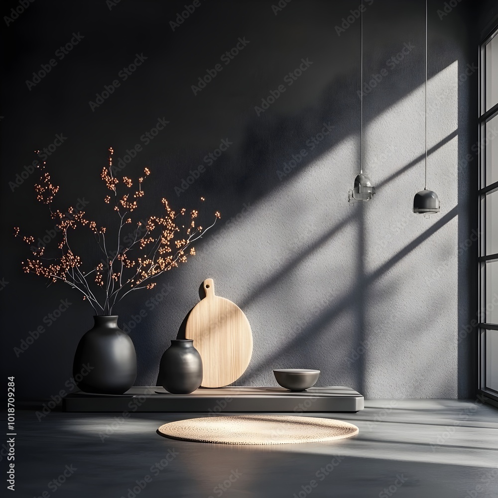 Poster sleek 3d studio environment with a deep charcoal backdrop showcasing a minimalist empty space with a