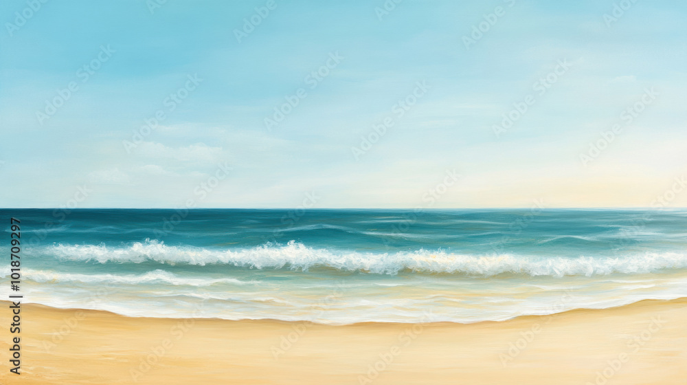 Poster serene beach scene with gentle waves lapping at shore, creating tranquil atmosphere. soft colors of 