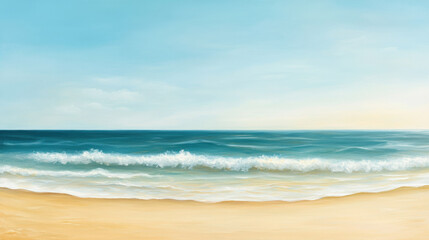 Obraz premium serene beach scene with gentle waves lapping at shore, creating tranquil atmosphere. soft colors of sky and water evoke sense of peace and relaxation