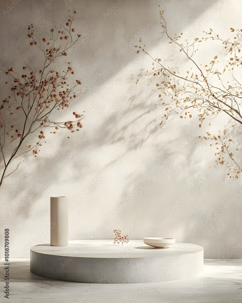 Poster sparse 3d studio environment with muted sage colored backdrops bare concrete floor and wall with cen