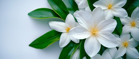  White flowers with green leaves against a pristine white backdrop