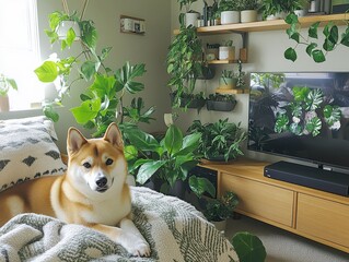 Shiba Inu dog relaxing in a cozy plant-filled living room.