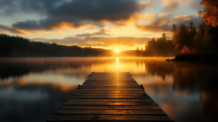 Fototapeta premium serene fishing dock at sunset, surrounded by tranquil waters and soft orange hues reflecting on lake. peaceful atmosphere invites relaxation and contemplation
