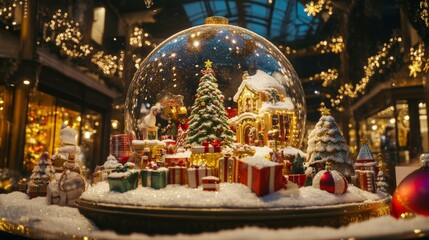 Christmas snow globe festive winter scene. New Year and Christmas background