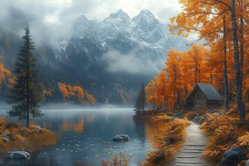 majestic autumn mountain landscape with vibrant foliage mistcovered peaks crystalclear lake and a winding path create a serene painterly scene