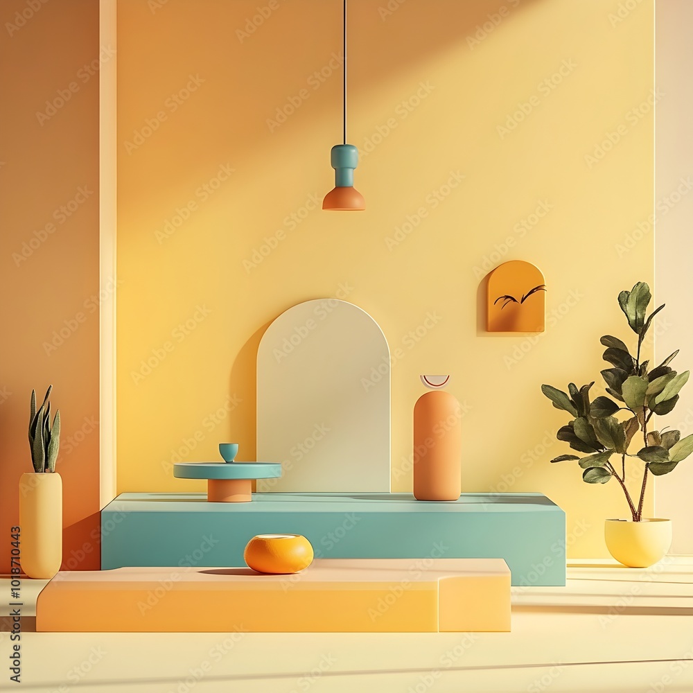 Poster bright 3d studio environment with a citron colored background bare floors and walls and a simple pro