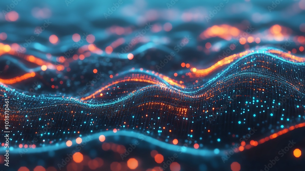 Poster mesmerizing abstract landscape with dynamic glowing particles and vivid colors